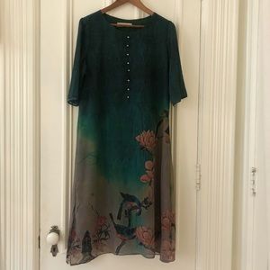 Exotic Asian Bird Print Midi Dress